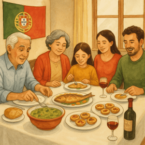 Família portuguesa reunida à mesa com pratos típicos