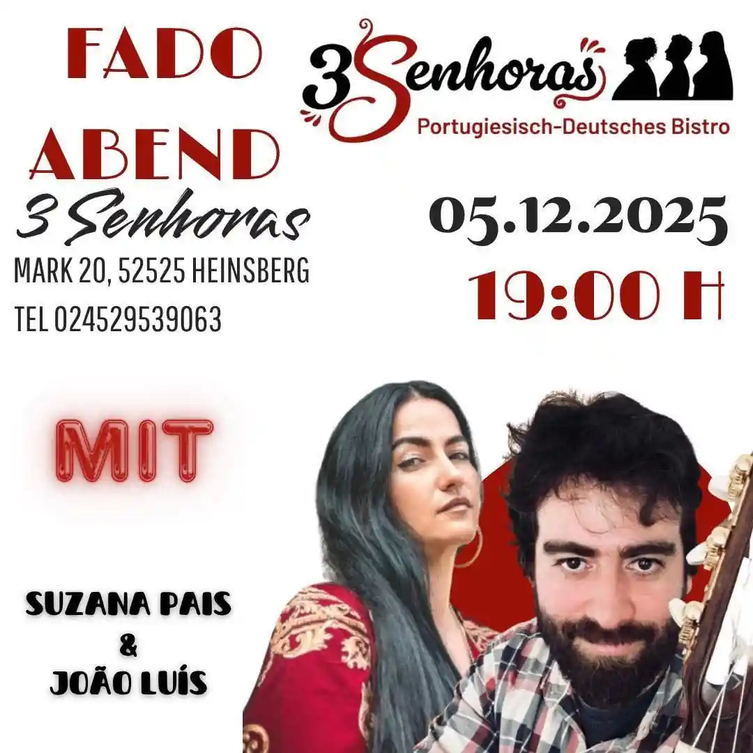 Cartaz do evento de Fado no restaurante 3 Senhoras em Heinsberg com Suzana Pais e João Luís, 5 de dezembro de 2025