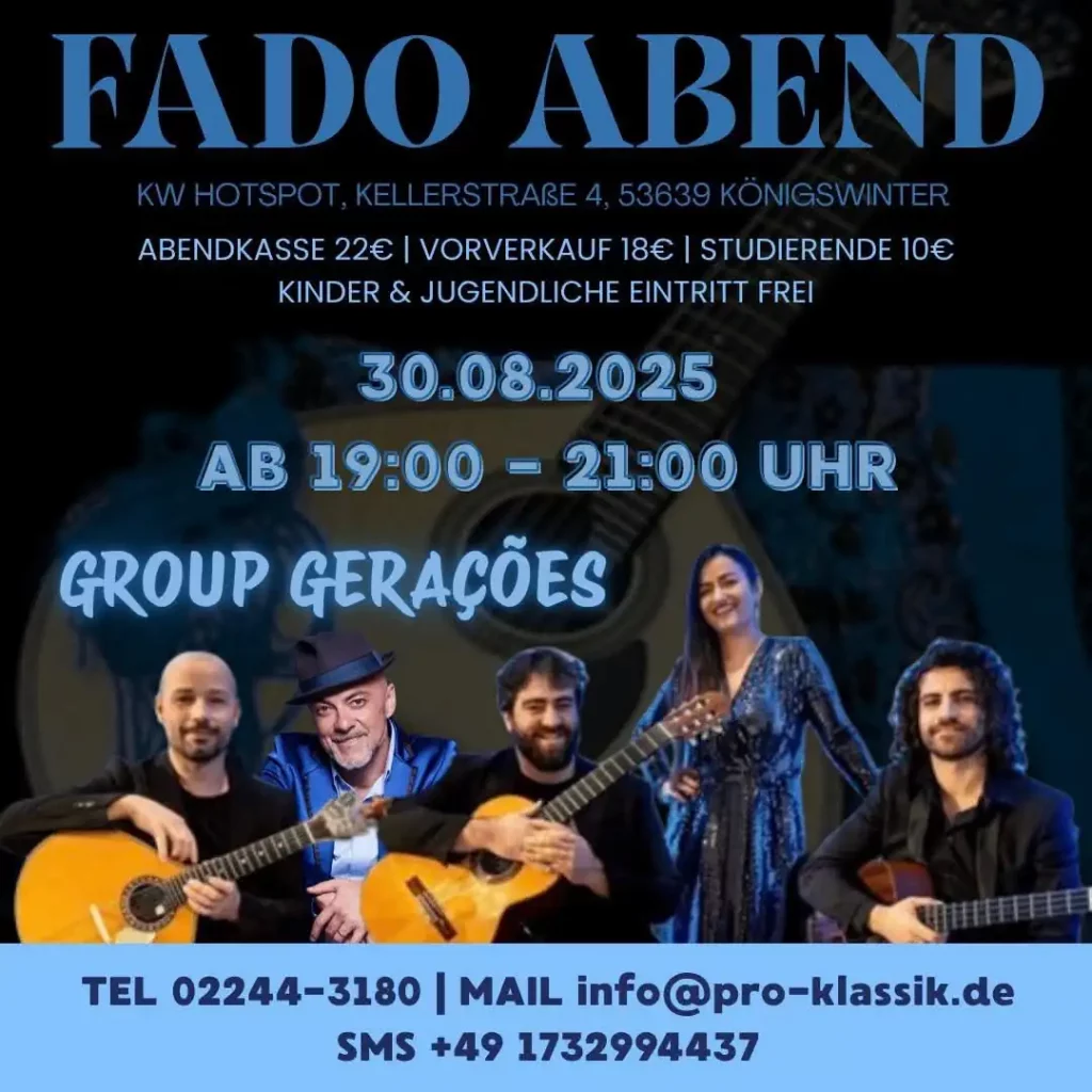 Cartaz do evento Fado Abend com o Grupo Gerações em Königswinter a 30 de agosto de 2025