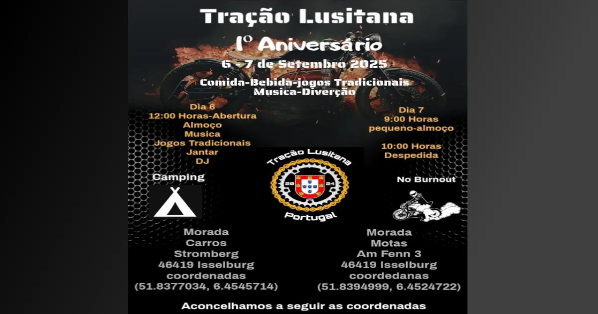 Tração Lusitana – 1.º Aniversário 2025 Cartaz do 1.º aniversário da Tração Lusitana em Isselburg, 6 e 7 de setembro de 2025, com motos, jogos, comida e música.
