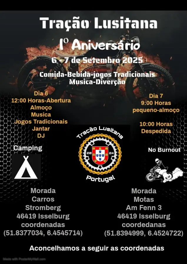 Cartaz do 1.º aniversário da Tração Lusitana em Isselburg, 6 e 7 de setembro de 2025, com motos, jogos, comida e música.