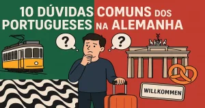 Homem português com mala e expressão de dúvida entre símbolos de Portugal e Alemanha, ao lado do título "10 Dúvidas Comuns dos Portugueses na Alemanha".