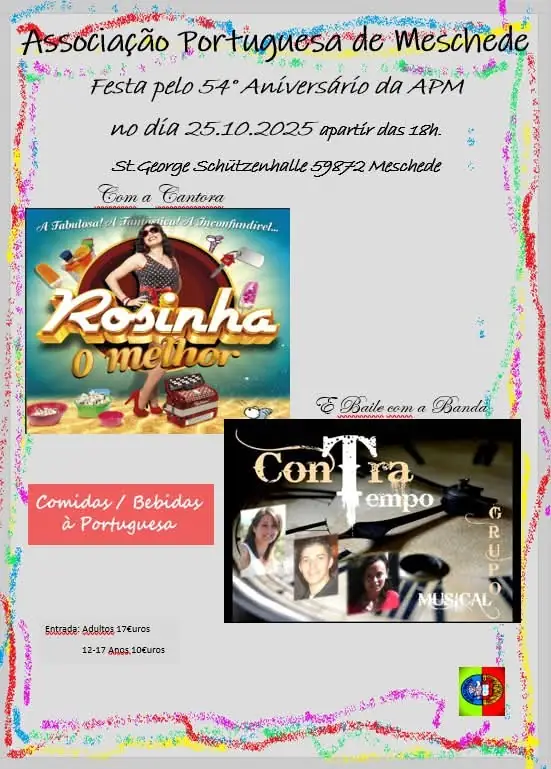 A Associação Portuguesa de Meschede convida toda a comunidade para celebrar o seu 54º aniversário com uma grande festa no dia 25 de outubro de 2025, a partir das 18h, na St. George Schützenhalle, 59872 Meschede.