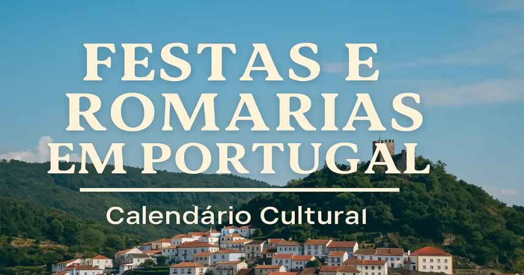 Vista de vila portuguesa com castelo ao fundo e texto "Festas e Romarias em Portugal – Calendário Cultural"
