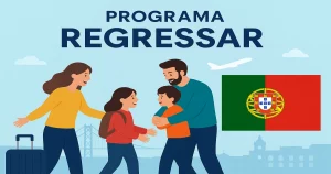 Imagem ilustrativa do Programa Regressar, com portugueses a regressar a Portugal e apoio do governo.
