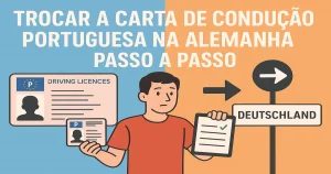 Homem segura carta de condução portuguesa e checklist, com seta apontando para placa “Deutschland” e título explicando como trocar a carta de condução na Alemanha.