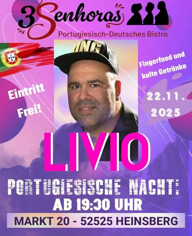 Cartaz do evento Portugiesische Nacht Heinsberg no 3 Senhoras Bistro com música ao vivo de Livio, fingerfood, bebidas e entrada gratuita em 22.11.2025