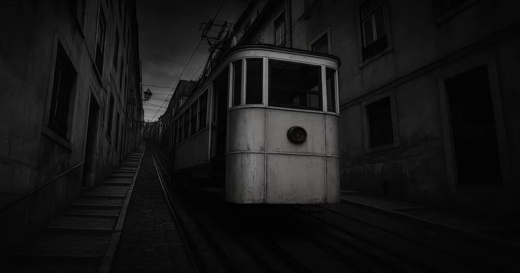 Acidente do Elevador da Glória em Lisboa com destroços e veículos de emergência