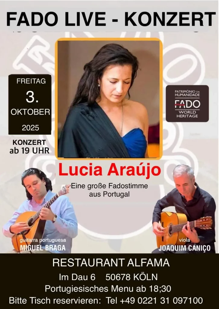 Cartaz do Fado ao vivo Colónia com Lucia Araújo no Restaurante Alfama, 3 de outubro de 2025.