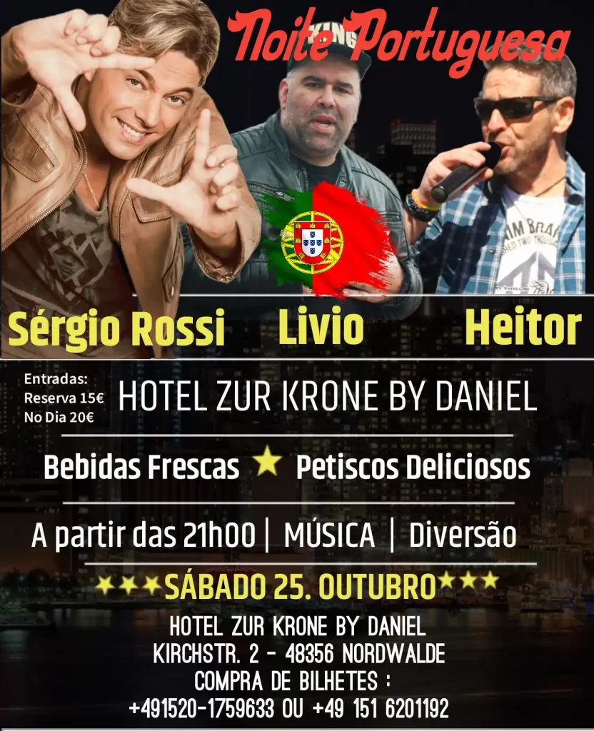 Cartaz da Noite Portuguesa em Nordwalde com Sérgio Rossi, Livio e Heitor – 25 de outubro de 2025 no Hotel Zur Krone by Daniel