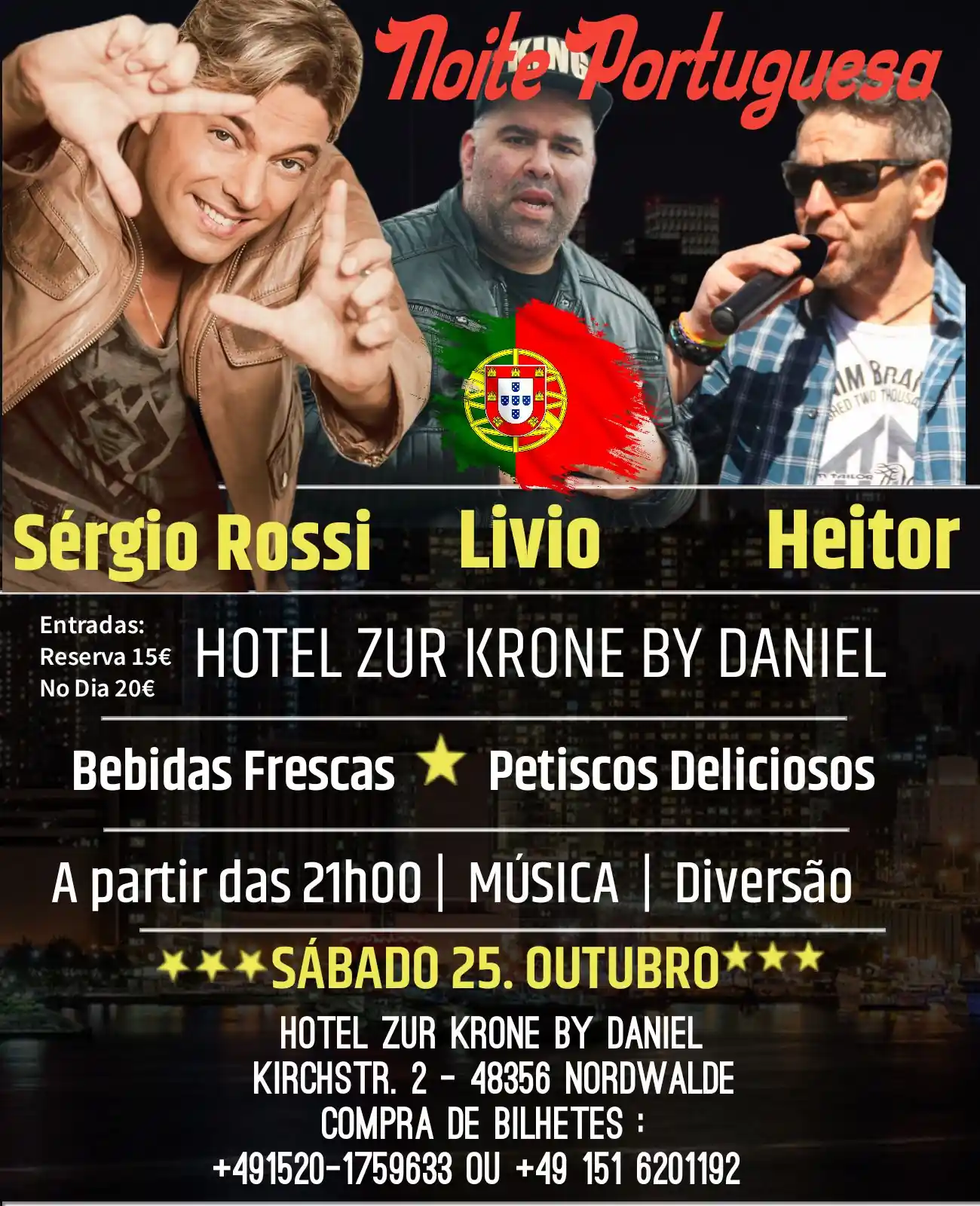 Cartaz da Noite Portuguesa em Nordwalde com Sérgio Rossi, Livio e Heitor – 25 de outubro de 2025 no Hotel Zur Krone by Daniel