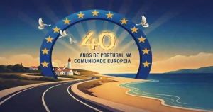 Celebrando 40 anos de Portugal na União Europeia, com bandeiras e cidadãos portugueses olhando para o futuro.