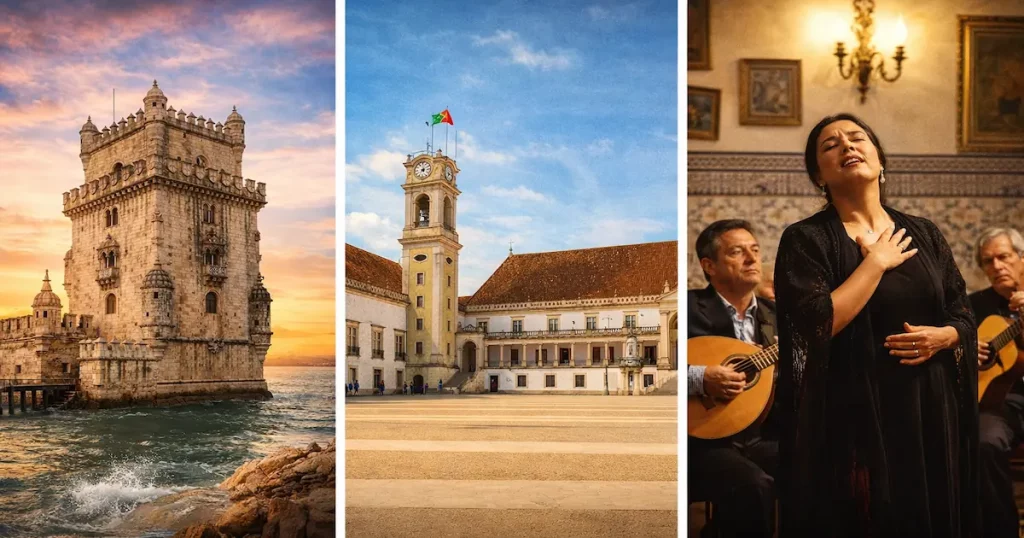 Curiosidades portuguesas com Torre de Belém, Galo de Barcelos e Ponte Vasco da Gama
