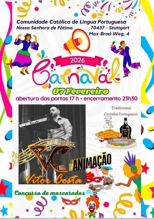 Cartaz do Carnaval Português em Stuttgart 2026 com animação de Vítor Costa e concurso de mascarados