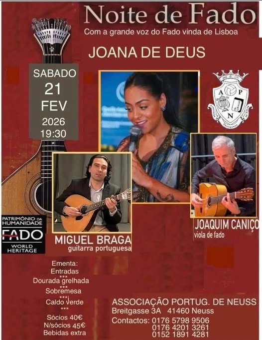Noite de Fado Joana de Deus Neuss 2026 cartaz oficial na Alemanha