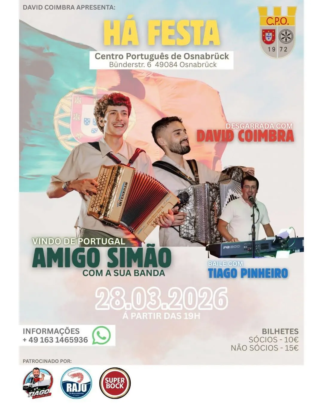 Cartaz da Festa Portuguesa em Osnabrück com Amigo Simão, David Coimbra e Tiago Pinheiro no Centro Português de Osnabrück