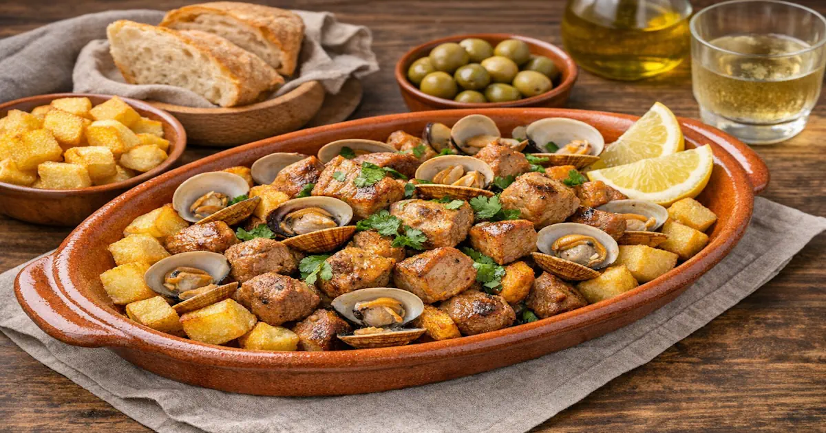 Carne de Porco à Alentejana Schweinefleischgericht mit Muscheln