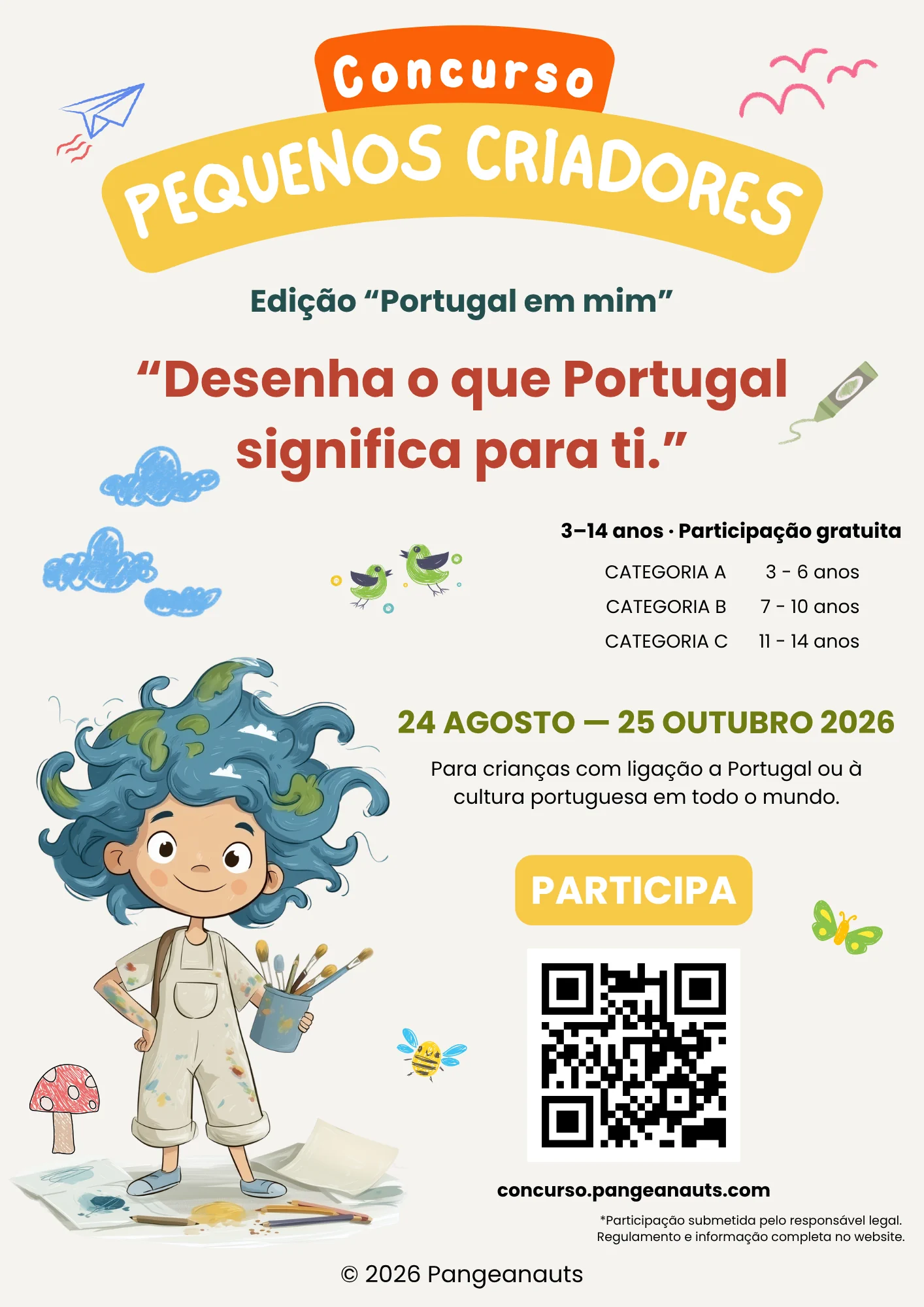 Offizielles Plakat des Wettbewerbs Kleine Kreative Pangeanauts 2026 – Portugal in mir